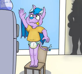 anthro bodily_fluids bottomless caught_in_the_act clothed clothing container cookie_jar diaper duo feet female genital_fluids hair jar male male/female messy_hair mischievous_smile shirt silhouette tail tongue tongue_out topwear unclean_diaper urine used_diaper wet_diaper wetting wetting_diaper wings young strigiform_(artist) felix_(crinklebat) bat mammal r absurd_res hi_res