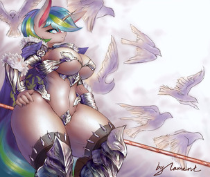 anthro female female_focus group horn solo_focus lament mythology ambient_bird ambient_flier avian bird equid equine mammal mythological_creature mythological_equine unicorn hi_res