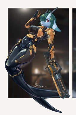 anthro big_breasts breasts camel_toe clothed clothing female fin genital_outline gloves gun hair handwear horn latex latex_clothing looking_at_viewer ranged_weapon smile solo split_form tight_clothing vulva_outline weapon shanher mythology shanher_(character) aquatic dragon merfolk mythological_creature mythological_scalie scalie absurd_res hi_res