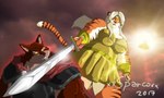 amazon anthro armor big_breasts breasts cape clothing duo female fur glowing hair male melee_weapon multicolored_body multicolored_fur muscular muscular_anthro muscular_female muscular_male open_mouth orange_body orange_fur red_body red_fur striped_body striped_fur stripes sword two_tone_body two_tone_fur weapon xxsparcoxx european_mythology greek_mythology mythology ares ares_(xxsparcoxx) celendys_(xxsparcoxx) canid canine canis felid mammal pantherine tiger wolf 2017 artist_name digital_media_(artwork)