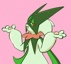 3_fingers ambiguous_gender anthro cape clothing facial_markings fangs fingers flower_(anatomy) fur gesture green_body green_fur green_mask head_markings leaf_(anatomy) looking_at_viewer markings mask open_mouth pawpads pink_background pupils red_eyes shrug simple_background slit_pupils smug solo standing teeth white_sclera momensarada nintendo pokemon generation_9_pokemon meowscarada pokemon_(species) 2023 absurd_res colored half-length_portrait hi_res portrait
