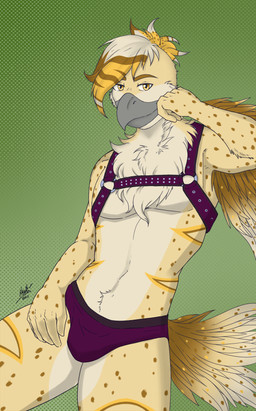 anthro clothing feathered_tail feathered_wings feathers harness leather looking_at_viewer male smile smiling_at_viewer smirk smirking_at_viewer solo tail underwear winged_arms wings pistacho rye_owl_(character) absurd_res hi_res