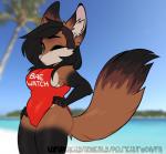 anthro beach black_hair brown_body brown_fur canid canine clothing detailed_background ear_tuft female fox fur green_eyes hair hi_res honesty_(artist) lifeguard looking_at_viewer mammal one-piece_swimsuit one_eye_closed outside sand seaside sky slightly_chubby solo spandex swimwear teasing text text_on_clothing text_on_swimwear thick_thighs tight_clothing tuft water wink