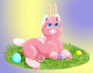 ambiguous_feral ambiguous_gender blue_eyes easter_egg eyelashes fake_ears fake_rabbit_ears feral fur gradient_background grass hair holidays hooves looking_up mouth_closed pink_body pink_fur pink_hooves plant simple_background sitting smile solo tail white_tail ro_ku easter fluffy_pony fluffy_pony_(species) mammal digital_media_(artwork) shaded
