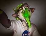 anthro antlers bodily_fluids brown_body brown_fur clothing detailed_mouth eyewear fangs fur glasses green_body green_fur green_mouth green_tongue hoodie horn long_tongue looking_at_viewer male mouth_shot open_mouth saliva saliva_on_tongue saliva_string simple_background solo teeth tongue tongue_out topwear white_body white_clothing white_fur white_hoodie white_topwear yellow_eyes poisewritik nasa deer mammal hi_res