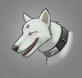 blush collar eyes_closed feral fur male open_mouth simple_background smile solo white_body white_fur loonertick kekkaishi madarao_(kekkaishi) ayakashi canid canine canis ghost mammal spirit wolf absurd_res headshot_portrait hi_res portrait