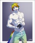 5_fingers abs anthro biceps blue_eyes bottomwear camera clothed clothing fingers fur hair holding_object looking_at_viewer male multicolored_hair muscular muscular_anthro muscular_male pants pecs pink_nose rainbow_hair simple_background smile solo standing topless white_body white_fur feralise mammal mephitid skunk 2017