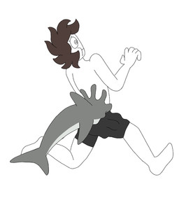 ambiguous_feral ambiguous_gender biped black_bottomwear black_clothing bottomwear brown_hair clothing duo feral forced forced_transformation goo_transformation grey_body hair heart_symbol latex latex_transformation male male_human swimming_trunks swimwear transformation white_body sinful_drawz changed_(video_game) lin_(changed) tiger_shark_(changed) aquatic fish human mammal shark