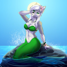 accessory anthro bare_shoulders bra breasts cleavage clothed clothing day female flower flower_bracelet flower_in_hair green_body green_bra green_clothing green_eyes green_scales green_tail green_underwear hair hair_accessory hand_behind_head jewelry long_hair mermaid_tail navel necklace on_rock outside partially_submerged plant pose rock scales sea seashell_bra sitting sitting_on_rock sky solo split_form strapless_bra strapless_clothing strapless_underwear sun tail underwear water white_hair belassa mermay mermay_2025 nyra_(rikuthemermage) aquatic canid canine canis mammal merfolk siren wolf 1:1 absurd_res hi_res