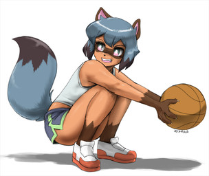 anthro ball basketball_(ball) black_tail_tip blue_hair blue_tail bottomwear claws clothed clothing dipstick_tail dolphin_shorts facial_markings female finger_claws footwear gloves_(marking) hair head_markings holding_ball holding_object leg_markings markings mask_(marking) multicolored_eyes multicolored_hair multicolored_tail open_mouth shirt shoes short_hair shorts simple_background socks_(marking) solo tail tail_markings tank_top topwear two_tone_hair white_background john_joseco brand_new_animal studio_trigger michiru_kagemori canid canine mammal raccoon_dog tanuki 2021 digital_media_(artwork) shaded signature