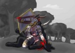 ambiguous_gender angry anthro armor blood bodily_fluids duo female female_on_top holding_neck horn on_top pinned pinned_to_ground shield tail violence revertigo mythology yastara dragon mythological_creature mythological_scalie scalie hi_res