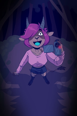 anthro black_bottomwear black_clothing black_footwear black_skirt bottomwear brown_body brown_fur camera clothing detailed_background female footwear forest front_view fur hair holding_camera holding_object open_mouth open_smile outside pink_clothing pink_topwear plant purple_hair shadow skirt smile solo standing tail tail_tuft topwear tree tuft swampjaws bovid caprine goat mammal 2:3 hi_res