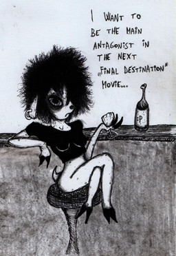 alcohol alternative_fashion anthro beverage bilemirth drinking drunk ear_piercing ear_ring female goth hooves mature_female piercing ring_piercing sitting solo substance_intoxication text unhappy893 bovid caprine mammal sheep absurd_res comic hi_res traditional_media_(artwork)