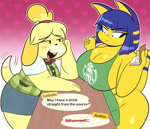 :< accessory anthro apron bedroom_eyes belly big_belly big_breasts black_eyebrows black_eyes black_mouth black_nose blonde_hair blue_bottomwear blue_clothing blue_ears blue_hair blue_skirt blue_tail blush blush_stickers bottomwear breasts clothing counter dialogue dipstick_tail duo eyebrows eyelashes female green_apron green_clothing green_topwear green_vest hair hair_accessory hairband holding_notebook holding_object holding_pencil long_eyelashes markings motion_lines narrowed_eyes nipple_outline notebook open_mouth open_smile outline overweight overweight_anthro overweight_female pencil_(object) pink_background pink_tongue red_hairband seductive simple_background skirt smile snaggle_tooth speech_bubble striped_markings striped_tail stripes tail tail_markings tail_motion tailwag tan_tail_tip teeth text thick_thighs tongue topwear vest white_outline yellow_body yellow_ears yellow_inner_ear yellow_tail blitzyflair animal_crossing nintendo starbucks ankha_(animal_crossing) isabelle_(animal_crossing) canid canine canis domestic_cat domestic_dog felid feline felis mammal shih_tzu toy_dog 2024 colored digital_media_(artwork) english_text flat_colors hi_res