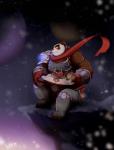 anthro biped black_body black_fur fur male outside overweight overweight_anthro overweight_male scarf sitting solo white_body white_fur warlocknyan blizzard_entertainment warcraft bear mammal pandaren 2015 hi_res