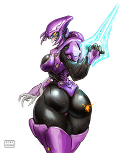 4_fingers angry armor big_butt breasts butt energy_sword energy_weapon female fingers holding_object holding_weapon logo looking_at_viewer looking_back mandibles melee_weapon nails sharp_nails sharp_teeth solo sword teeth thick_thighs tongue weapon wide_hips kory_cromie halo_(series) microsoft xbox_game_studios alien humanoid sangheili 5:6 artist_logo hi_res