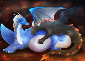 4_fingers belly big_belly black_body black_scales black_wings blue_eyes blue_tail blue_wings claws closed_smile duo eyes_closed female female_feral feral finger_claws fingers hair happy heart_symbol horn hugging_partner inside light long_horn long_tail looking_at_another looking_at_partner lying_on_ground male male_feral membrane_(anatomy) mouth_closed multicolored_body multicolored_scales nude nude_female nude_male on_ground pregnant pregnant_female pregnant_feral quadruped red_spines rock scales smile smiling_at_another smiling_at_partner tail tail_spines text toe_claws two_tone_wings white_claws white_hair white_membrane white_tail white_wings wings black_kitty european_mythology mythology coop_(cabal-revolution) tareck dragon mythological_creature mythological_scalie scalie western_dragon winged_dragon 2012 artist_name colored dated digital_drawing_(artwork) digital_media_(artwork) english_description lighting shaded