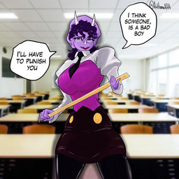 accessory alternate_costume anthro big_breasts black_bottomwear black_clothing black_pants bottomwear breasts classroom clothed clothed_anthro clothed_female clothing collared_shirt day detailed_background dialogue dress_shirt eyewear facial_horn female fingers frill_(anatomy) front_view glasses hair holding_object horn humanoid_hands inside long_hair looking_at_viewer necktie non-mammal_breasts pants purple_body purple_eyes purple_hair school shirt small_waist solo speech_bubble standing talking_to_viewer teacher text topwear white_clothing white_shirt white_topwear yardstick anfitrionaaa cavemanon_studios goodbye_volcano_high ko_op_(game_developer) snoot_game trish_(gvh) ceratopsian ceratopsid chasmosaurine dinosaur marginocephalian ornithischian prehistoric_species reptile scalie triceratops 1:1 absurd_res artist_name colored english_text hi_res portrait shaded three-quarter_portrait