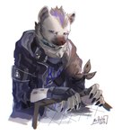 2019 5_fingers anthro arknights black_hair blue_hair clothed clothing ear_piercing english_text eyebrow_piercing facial_piercing fingers fur grey_body grey_fur hair half-length_portrait hi_res hyena hypergryph jacket male mammal mrtriangle751 multicolored_body multicolored_fur multicolored_hair piercing portrait riot_shield shirt simple_background solo spot_(arknights) spotted_hyena studio_montagne t-shirt tail text topwear two_tone_body two_tone_fur