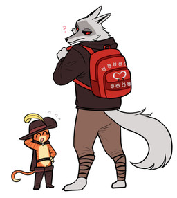 anthro backpack barefoot belt belt_buckle black_claws black_ears black_nose black_sclera bodily_fluids boots bottomwear buckle cape clasp claws clothed clothing confusion duo eyes_closed facial_markings fashion feathers feet fluffy fluffy_tail footwear frown fur grey_body grey_fur half-closed_eyes half_clothed hand_behind_head hand_on_hip happy hat hat_feather head_markings headgear headwear holding_object hoodie interspecies larger_anthro larger_male laugh long_tail looking_back looking_down loose_feather male male/male markings mask_(marking) multicolored_body multicolored_fur nails narrowed_eyes no_shoes open_mouth orange_body orange_fur orange_stripes pants partially_clothed pointy_ears prick_ears pupils question_mark red_eyes sharp_nails sharp_toenails shirt shoes simple_background size_difference smaller_anthro smaller_male smile standing string striped_body striped_fur striped_markings striped_tail stripes sweat sweater symbol tail tail_markings toenails toes tongue topwear two_tone_body two_tone_fur white_background white_body white_fur patto_pib dreamworks puss_in_boots_(franchise) death_(puss_in_boots) puss_in_boots_(dreamworks) canid canine canis domestic_cat felid feline felis mammal tabby_cat wolf hi_res