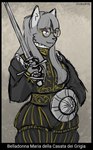 anthro buckler eyewear female fur glasses grey_body grey_fur grey_hair hair hema historical melee_weapon purple_eyes renaissance sidesword solo sword weapon conkerbirdy belladonna_(conkerbirdy) bolognese domestic_cat felid feline felis mammal hi_res