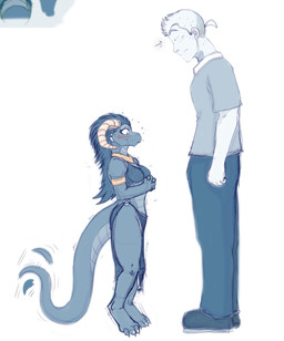 anthro armlet aroused biped blush blush_lines breasts bulge claws duo female finger_claws larger_male male male/female motion_lines non-mammal_breasts non-mammal_hair o-ring scales service_height size_difference smaller_female standing tail tail_motion tailwag toe_claws dktorzi twokinds keiren_(twokinds) madam_reni_(twokinds) human kobold mammal scalie hi_res sketch