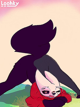 2_horns anthro ass_up biped black_body black_fur black_sclera butt clothing eyebrows eyelashes eyewear female fluffy fluffy_tail fur glasses horn jack-o'_pose motion_lines nude one_eye_closed open_mouth open_smile pose red_clothing shadow smile solo spread_legs spreading tail tail_motion tailwag yellow_eyes loohky hollow_knight_(franchise) team_cherry hornet_(hollow_knight) mammal 2026 3:4 animated