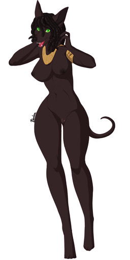 anthro areola biped black_body black_fur black_hair bracelet breasts claws digitigrade dreadlocks egyptian female fur genitals glowing glowing_eyes green_eyes hair hand_behind_head hand_in_hair jewelry looking_at_viewer necklace nipples nude on_one_leg open_mouth open_smile paws sharp_teeth simple_background smile solo standing teeth thigh_gap toe_claws tongue touching_hair vulva white_background wide_hips reina. canid canine canis jackal mammal hi_res