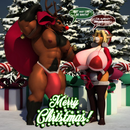 anthro big_breasts blonde_hair breasts clothed clothing duo female gift hair holidays horn hyper male muscular muscular_male plant smile tree anthroanim christmas annabelle_cow sebastian_horse bovid bovine cattle mammal 1:1 2018 3d_(artwork) digital_media_(artwork) hi_res
