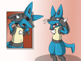 anthro black_paws blue_body blue_eyes blue_fur brown_hair clothing consensual_transformation costume fur fursuit hair head_tuft holding_mask human_to_anthro male mask mid_transformation multicolored_body multicolored_fur simple_background solo species_transformation spikes standing suit_transformation tail tongue tongue_out tongue_sleeve transformation tuft fox0808 nintendo pokemon pyroassassin generation_4_pokemon human lucario mammal pokemon_(species) 2012 colored digital_drawing_(artwork) digital_media_(artwork) sequence