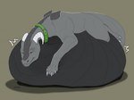 ambiguous_gender belly big_belly collar eyes_closed feral green_collar grey_body horn huge_belly lying mouth_closed on_front side_view simple_background solo vore white_horn roobin mythology devos_(iconmaster) dragon mythological_creature mythological_scalie scalie artist_name