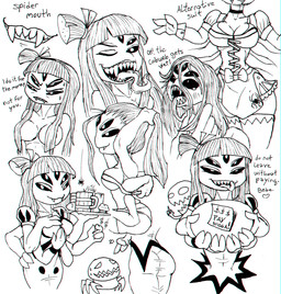 alternate_universe angry anthro breasts fangs fantasy female food hair inviting muffin multi_arm multi_eye multi_limb non-mammal_breasts nude orgasm smile solo teeth text tongue tongue_out waiter bluewolfartista undertale undertale_(series) muffet arachnid arthropod monster spider 2017 absurd_res hi_res monochrome sketch
