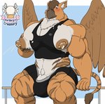 anthro barbell_piercing barely_contained big_nipples big_pecs blush bodily_fluids genitals lactating male male_lactation muscular muscular_male nipple_barbell nipple_piercing nipples pec_squeeze pecs penis piercing projectile_lactation pubes solo 1ceberg mythology farin_(treegod3) avian gryphon mythological_avian mythological_creature 2023 hi_res