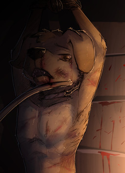 anthro blood bodily_fluids bound brown_body brown_eyes brown_fur bruised crying fur male neck_scar slave tears torture violence young young_anthro young_male dakkawoof canid canine canis domestic_dog mammal 2026 hi_res