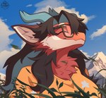 anthro breeze cloud eyewear eyewear_on_head female flower fluffy fur glasses horn mountain nature plant sky solo sunglasses sunglasses_on_head wind auveiss mythology vyse_renata dragon furred_scalie hybrid mythological_creature mythological_scalie scalie hi_res signature