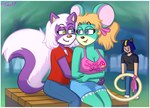 anthro blonde_hair blue_eyes clothed clothing facial_hair female fur green_body green_fur group hair heterochromia hug human hybrid male mammal melinda_mouse melissa_mouffette mephitid mike_and_melissa mike_chenoweth mouse murid murine purple_body purple_fur rodent skunk toku17 trio white_hair yellow_eyes