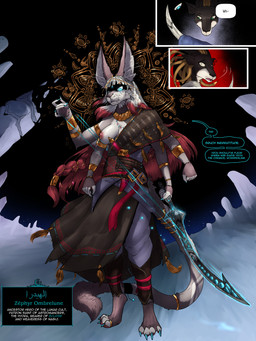 anthro braided_hair dagger duo female fur hair melee_weapon multi_eye multi_limb multicolored_body multicolored_fur sword text two_tone_body two_tone_fur weapon tyunre zephyr_ombrelune bovid caprine deity felid feline lynx mammal 3:4 comic english_text hi_res