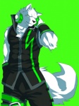 anthro biped clothed clothing electronics front_view fully_clothed fur green_background green_eyes headphones looking_at_viewer male muscular muscular_anthro muscular_male simple_background solo standing tail white_body white_fur kenn utau sero_tsugumine canid canine canis domestic_dog mammal wolf cel_shading shaded