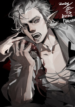 blood blood_on_mouth bodily_fluids fangs hair humanoid_pointy_ears male not_furry pecs pointy_ears red_eyes solo teeth white_hair ashthepenguin baldur's_gate baldur's_gate_3 bioware electronic_arts larian_studios astarion_(baldur's_gate) elf humanoid vampire hi_res