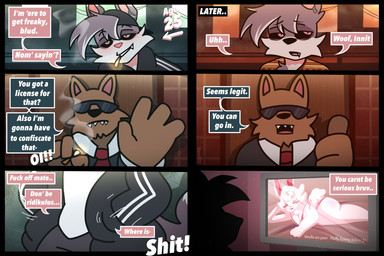 ambiguous_gender anthro bikini bouncer breasts chav cigarette cigarette_in_mouth cigarette_smoke clothed clothed_anthro clothing dialogue disguise duo eyewear female linked_speech_bubble object_in_mouth profanity skimpy smoke speech_bubble sunglasses swimwear text time_skip two-piece_swimsuit wearing_sunglasses woof_(sound_effect) nami955 maverick_(nami955) canid canine canis domestic_cat domestic_dog felid feline felis lagomorph leporid mammal rabbit 2025 artist_name comic digital_drawing_(artwork) digital_media_(artwork) english_description english_text hi_res trans_(lore) trans_man_(lore)