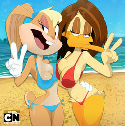 5_fingers anthro asymmetrical_breast_frottage beach beak big_breasts bikini blonde_hair blue_bikini blue_clothing blue_swimwear breast_squish breasts breasts_frottage brown_hair cleavage clothed clothing duo earband eyelashes eyeshadow female fingers gesture gloves hair hand_gesture handwear legs_together long_ears long_hair looking_aside looking_at_viewer makeup midriff narrowed_eyes navel non-mammal_breasts outside pink_eyeshadow red_bikini red_clothing red_swimwear sand sea short_hair sky small_waist squish standing swimwear text toony two-piece_swimsuit v_sign water goz-o looney_tunes the_looney_tunes_show warner_brothers lola_bunny tina_russo anatid anseriform avian bird duck lagomorph leporid mammal rabbit 2026 artist_name hi_res