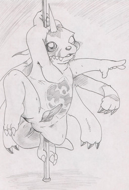 anthro blush claws dancing erection genitals horn knot male one_eye_closed penis pole pole_dancing shortstack slightly_chubby solo stripper stripper_pole wink tabasukotrr bandai_namco digimon digimon_(species) gabumon hi_res traditional_media_(artwork)