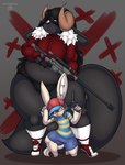 anthro big_butt bottomwear bulge butt clothed clothing crouching duo femboy footwear fur gun hair hat headgear headwear long_ears long_hair long_tail male male/male one_eye_closed partially_clothed rabbit_ears ranged_weapon shirt shoes short_stack short_tail shorts simple_background size_difference slightly_chubby sneakers tail thick_thighs topwear weapon linyxart earthbound_(series) made_in_abyss nintendo alex_the_narehate xavi_(costxav) lagomorph leporid mammal narehate procyonid rabbit unknown_species absurd_res digital_drawing_(artwork) digital_media_(artwork) hi_res