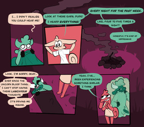 anthro balls blush campfire clothed clothing dialogue duo erection erection_under_blanket female genitals humanoid_genitalia humanoid_penis male mismatched_genitalia mismatched_humanoid_penis mismatched_penis nude_male outside partially_clothed penis sleeping_bag speech_bubble text vanilla_candy unicorn_blood_(comic) saffron_(unicorn_blood) tulip_(unicorn_blood) bovid caprine lagomorph mammal sheep absurd_res comic english_text hi_res restricted_palette