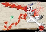 anthro anthrofied duo female fur holding_melee_weapon holding_object holding_sword holding_weapon male melee_weapon seven-branched_sword sword tail weapon white_body white_fur lilchu capcom clover_studio okami_(capcom) amaterasu_(okami) issun_(okami) canid canine canis deity mammal poncle wolf 2008