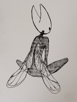2_horns 4_wings ambiguous_gender anthro biped black_body grey_background hollow_eyes horn insect_wings multi_wing rear_view simple_background sitting slim_ambiguous slim_anthro solo white_face wings fynori hollow_knight_(franchise) team_cherry hornet_(hollow_knight) arthropod insect digital_drawing_(artwork) digital_media_(artwork) english_description hi_res monochrome
