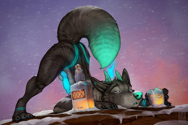 4_toes 5_fingers alcohol anthro ass_up balls beverage blue_eyes blue_pawpads blue_penis drunk erection eyebrows eyelashes feet fingers genitals glowing glowing_tail green_nose horn ice male nude pawpads penis snow solo substance_intoxication tail toes anchee mythology datfoxboi canid canid_demon canine demon hellhound mammal mythological_canine mythological_creature 2021 digital_media_(artwork)