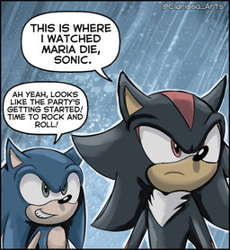 anthro biped black_body black_border black_fur black_nose blue_body blue_fur border chest_tuft dialogue duo fur green_eyes humor male markings raining red_eyes red_markings speech_bubble text tuft clarissa_arts sega sonic_the_hedgehog_(series) this_is_where_i_watched_my_parents_die shadow_the_hedgehog sonic_the_hedgehog eulipotyphlan european_hedgehog hedgehog mammal 2021 english_text meme signature