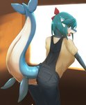 2020 after_transformation anthro blue_eyes butt cetacean clothing female green_hair hair hi_res kaneru leaning leaning_forward looking_at_viewer mammal marine open_mouth raaggu solo torn_clothing window
