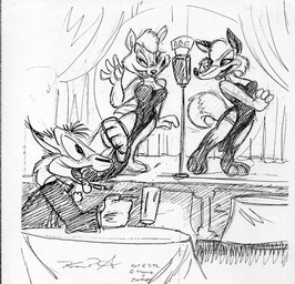 3_toes 4_fingers anthro breasts cheek_tuft clothing container copyright_symbol cup curtains dipstick_ears dress ear_markings ear_tuft electronics facial_tuft feet female fingers fist furniture gesture grin group head_tuft looking_at_another male microphone multicolored_ears open_mouth open_smile pointy_ears prick_ears raised_fist raised_hand smile snout stage suit symbol table tail toes tongue tongue_out toony trio tuft waving karri_aronen donny_squirrel monochrome signature traditional_media_(artwork)